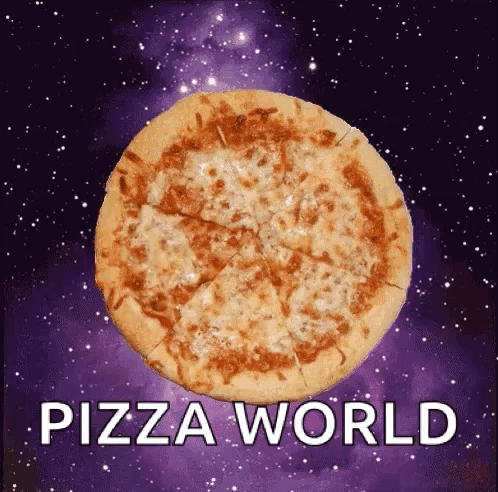 A Pizza Floating In Space With The Words Pizza World Written Below It GIF