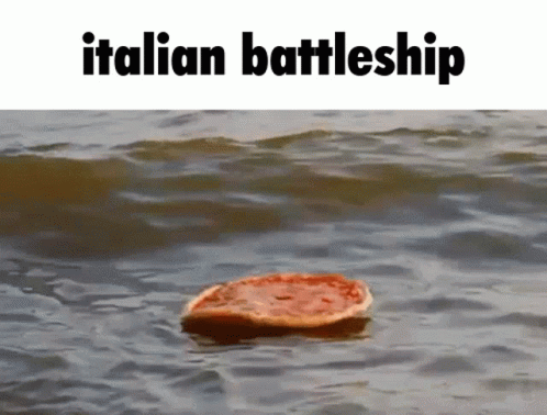 A Pizza Floating On Top Of A Body Of Water With The Words Italian Battleship Below It GIF