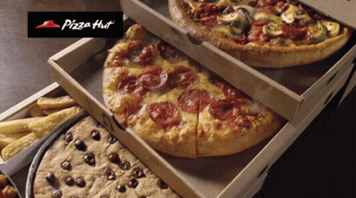 A Pizza Hut Advertisement With A Stack Of Pizzas On Top Of Each Other GIF