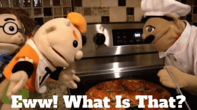 A Pizza Is Being Cooked On A Stove With The Words " Eww What Is That " Below It GIF