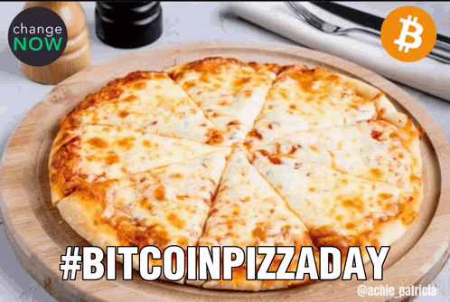 A Pizza On A Wooden Cutting Board With The Words #Bitcoinpizzaday GIF