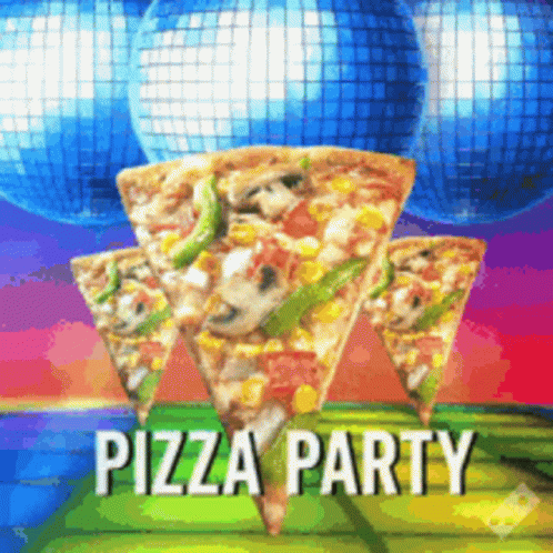 A Pizza Party Advertisement With Disco Balls And Pizzas GIF