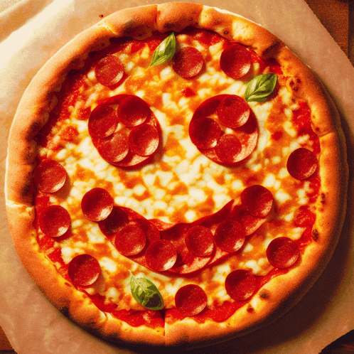 A Pizza With Pepperoni And Cheese Has A Smiley Face On It GIF