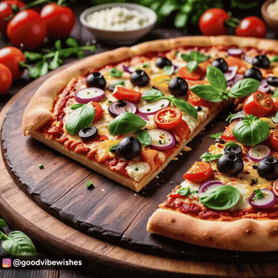 A Pizza With Tomatoes Onions Olives And Basil On It GIF