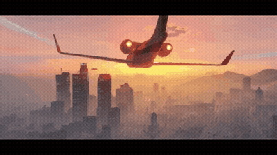 A Plane Flies Over A City At Sunset GIF