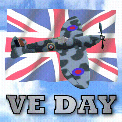 A Plane Is Flying In Front Of A British Flag With The Words Ve Day Below It GIF
