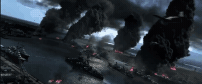 A Plane Is Flying Over A Battlefield With Smoke Coming Out Of The Ground GIF