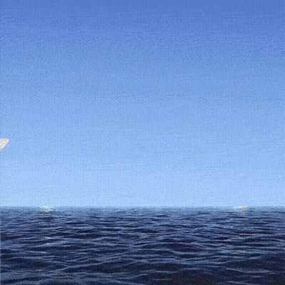 A Plane Is Flying Over The Ocean With A Blue Sky In The Background GIF