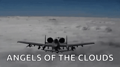 A Plane Is Flying Through The Clouds With The Words `` Angels Of The Clouds '' Above It . GIF
