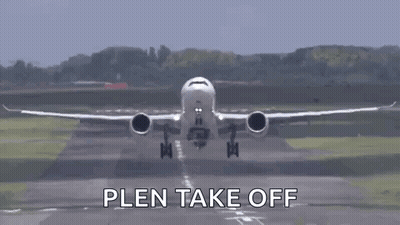 A Plane Is Taking Off From An Airport Runway With The Words `` Plen Take Off '' Written On The Bottom . GIF
