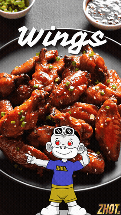 A Plate Of Chicken Wings With A Monkey Wearing A Shirt That Says ' Zhot ' On It GIF