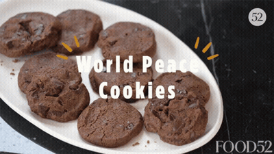 A Plate Of Chocolate Cookies With The Words " World Peace Cookies " Above Them GIF