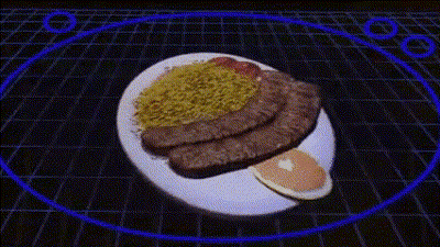 A Plate Of Food With A Sausage , Rice , And Ketchup On It . GIF