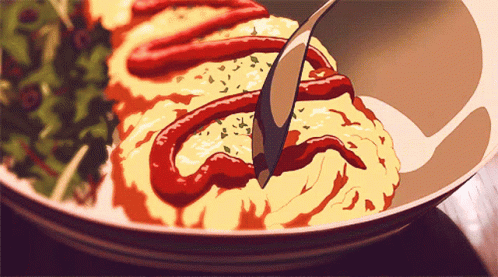 A Plate Of Food With Ketchup On It And A Spoon In It GIF