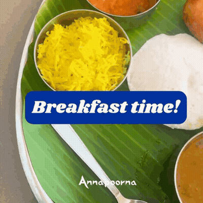 A Plate Of Food With The Words Breakfast Time Written On It GIF