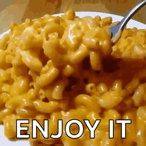 A Plate Of Macaroni And Cheese With The Words Enjoy It Written On It GIF