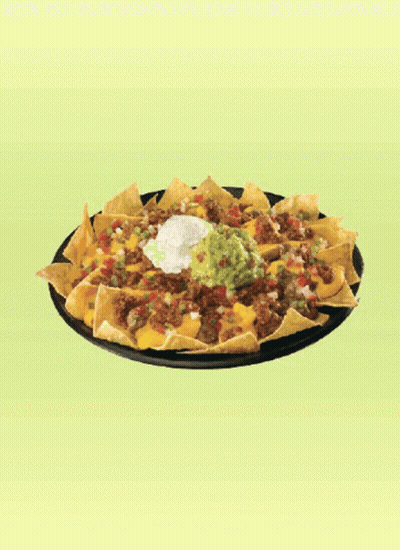 A Plate Of Nachos With Guacamole And Sour Cream On A Green Background GIF