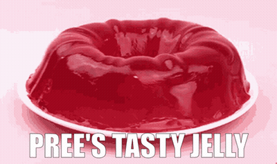 A Plate Of Red Jelly With The Words Pree 'S Tasty Jelly Written On It GIF