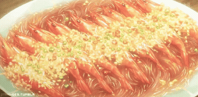 A Plate Of Shrimp And Noodles With A Watermark That Says Hi-Ges.tumblr GIF