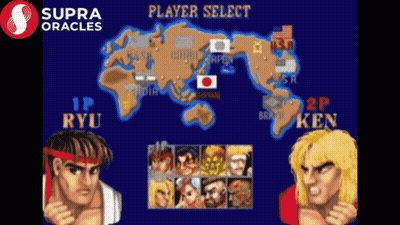 A Player Select Screen For A Video Game With Ryu And Ken Fighting Each Other GIF