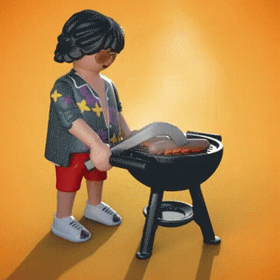 A Playmobil Figure Is Cooking Sausages On A Barbecue Grill GIF