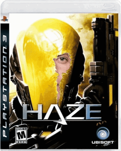 A Playstation 3 Game Called Haze With A Man In A Yellow Helmet On The Cover GIF