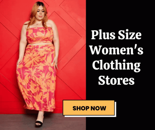 A Plus Size Woman Is Standing In Front Of A Red Wall With The Words Plus Size Women 'S Clothing Stores GIF