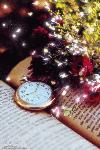 A Pocket Watch Is Laying On Top Of An Open Book With A Blurred Background GIF