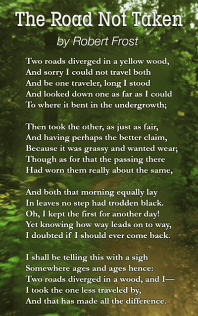 A Poem Titled The Road Not Taken By Robert Frost Is On A Green Background GIF