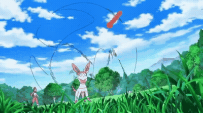 A Pokemon Is Flying A Kite In The Air In A Field . GIF
