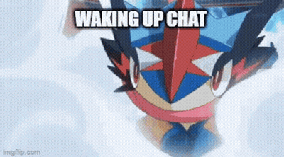 A Pokemon Is Flying Through The Air With The Words Waking Up Chat Written On It . GIF