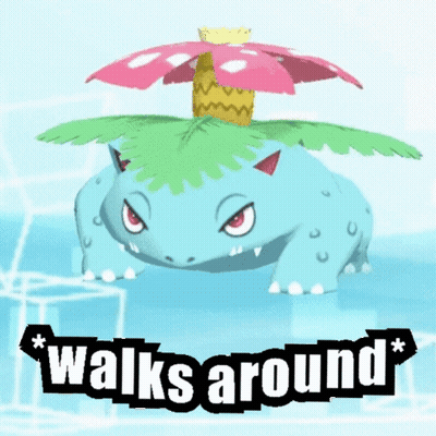 A Pokemon With A Flower On Its Head And The Words Walks Around Below It GIF