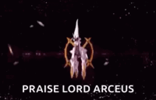 A Pokemon With A Purple Background And The Words `` Praise Lord Arceus '' Written On It . GIF