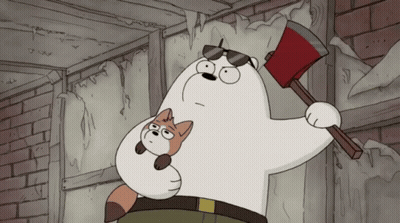 A Polar Bear Is Holding A Stuffed Fox And Holding A Large Axe GIF