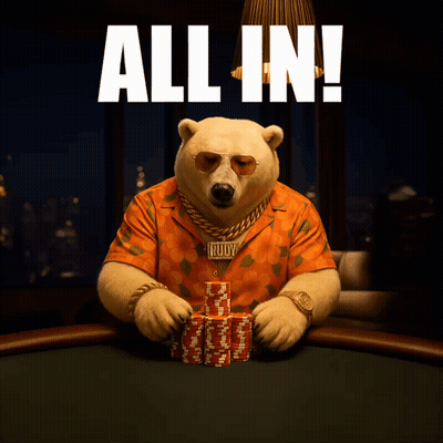 A Polar Bear Sitting At A Poker Table With The Words All In Above Him GIF