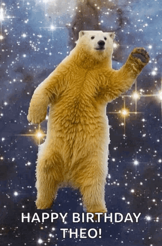 A Polar Bear Standing On Its Hind Legs With The Words " Happy Birthday Theo " Below It GIF