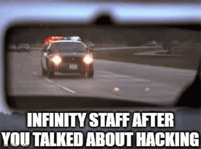 A Police Car Is Driving Down A Highway With The Words " Infinity Staff After You Talked About Hacking " Below It GIF