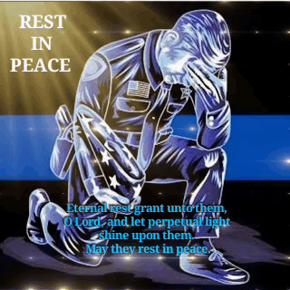 A Police Officer Is Kneeling Down In Front Of A Flag With A Quote That Says Rest In Peace . GIF