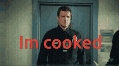 A Police Officer Stands In Front Of A Door With The Words I 'M Cooked Written In Red GIF