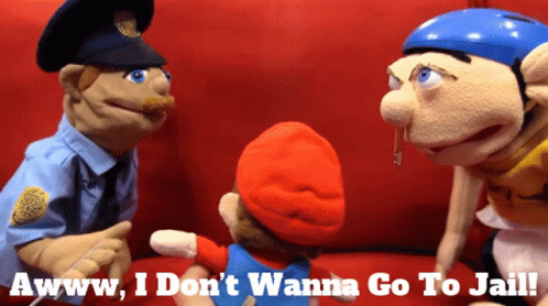 A Police Officer Talking To Two Mario Puppets With The Caption Awww I Don T Wanna Go To Jail GIF