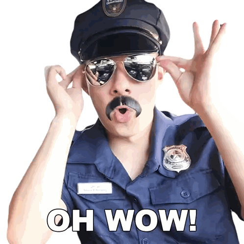 A Police Officer With Sunglasses And A Mustache Says " Oh Wow " Sticker