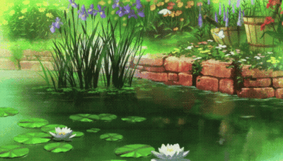 A Pond With Lily Pads And Flowers In It GIF