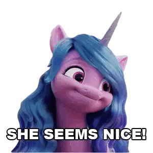 A Pony With Blue Hair And A Unicorn Horn Is Smiling And Says She Seems Nice Sticker