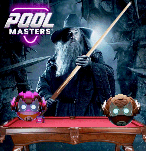 A Pool Masters Poster With A Wizard Holding A Pool Cue GIF