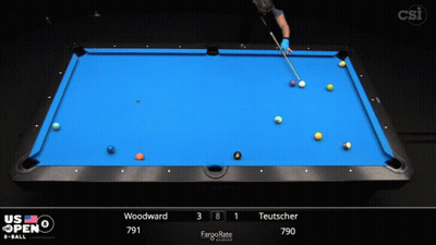 A Pool Table With A Blue Cloth And A Man Holding A Cue GIF