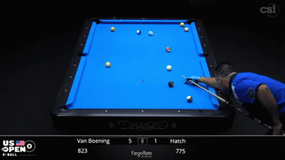 A Pool Table With A Blue Cloth And A Man Playing Pool GIF
