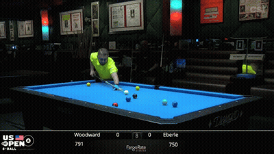 A Pool Table With A Blue Cloth And A Person Holding A Cue On It GIF