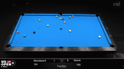 A Pool Table With A Blue Cloth That Says Us Open On The Top GIF