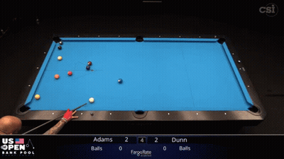 A Pool Table With A Scoreboard That Says Adams 2 Dunn 4 Balls 0 Balls GIF