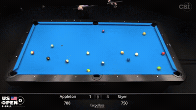a pool table with a scoreboard that says us open 8 ball